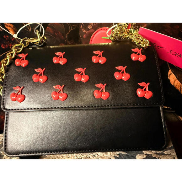 Betsey Johnson Cherry Crossbody Bag Black Red Heart Charm NWT - Picture 7 of 9